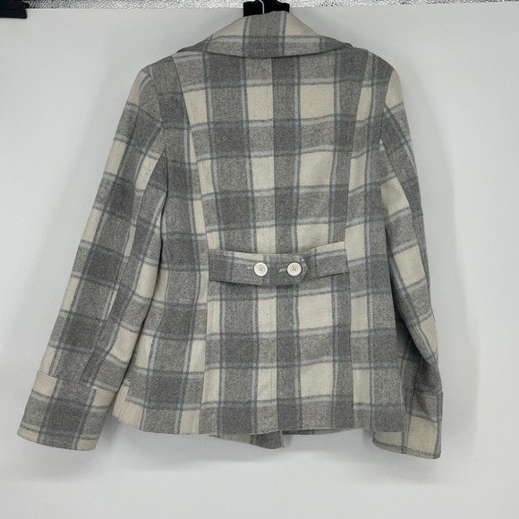 Old Navy Plaid Double Breasted Wool Blend Pea Coat Jacket Size L Gray Cream - Picture 2 of 7
